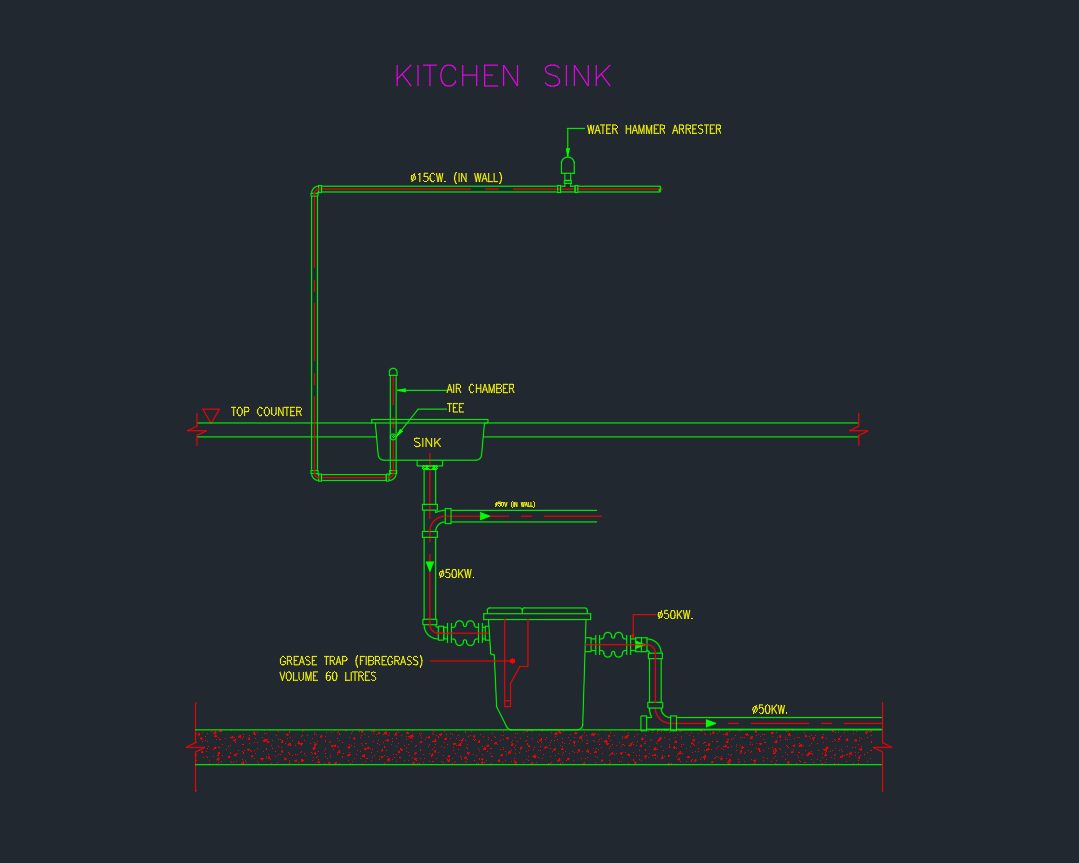 Kitchen Sink with Grease Trap CAD | DWG Detail Download