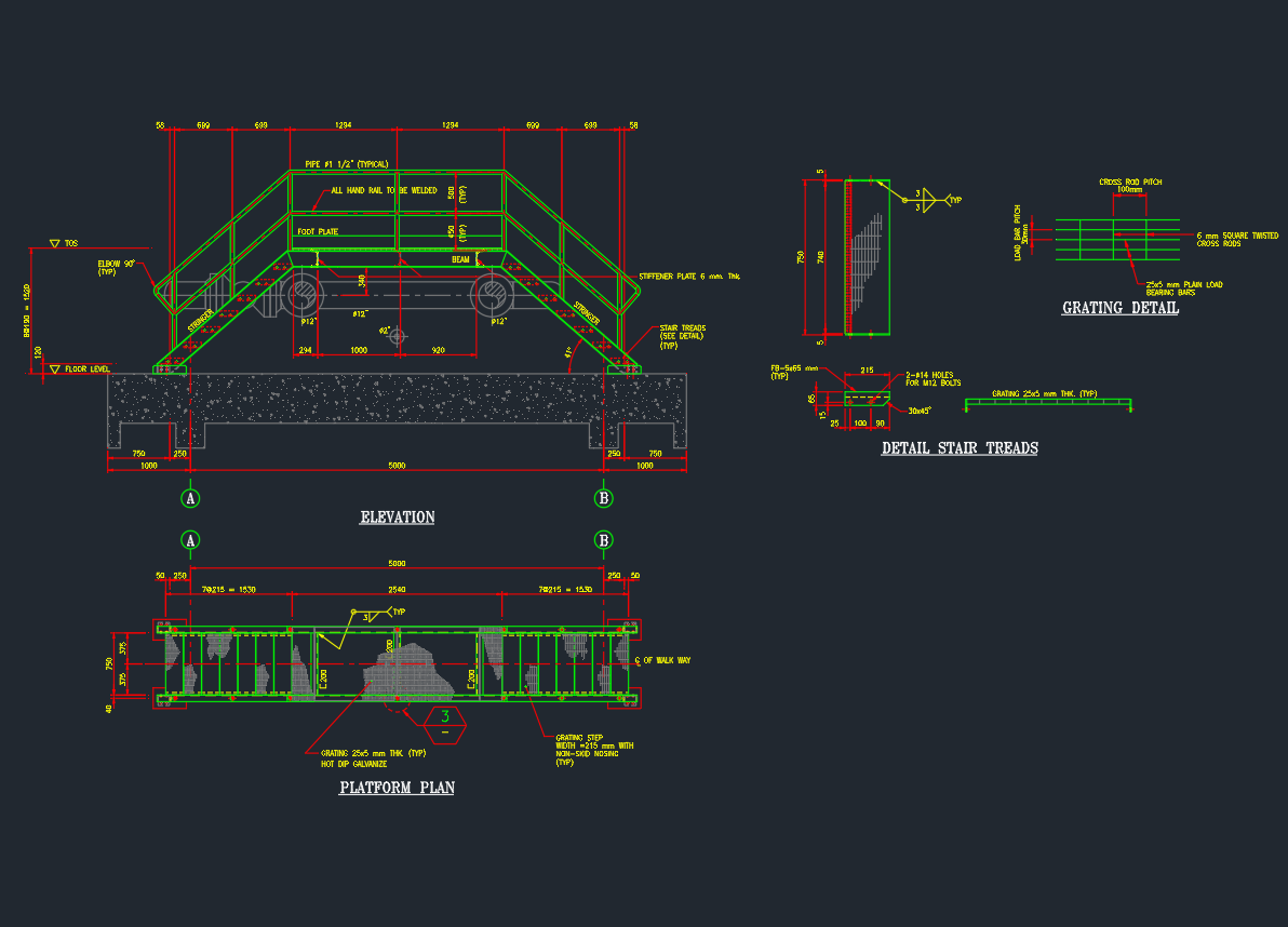 Cross Over Stairs CAD Blocks DWG Industrial Stair Design