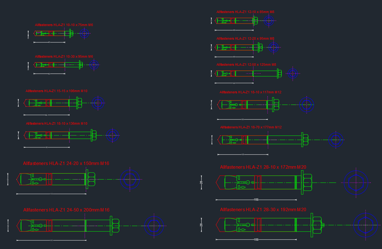 Expansion Bolts for Concrete CAD DWG Anchoring Blocks
