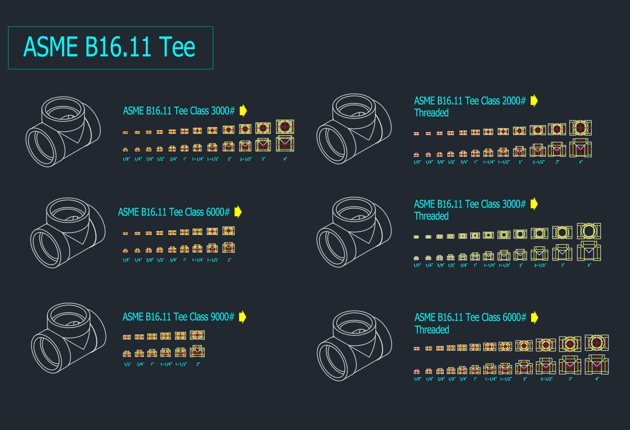 ASME B16.11 Tee CAD Block | AutoCAD Drawing Download