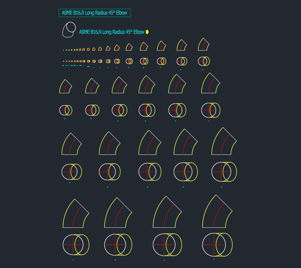 ASME B16.9 Long Radius 45° Elbow AutoCAD Drawing CAD