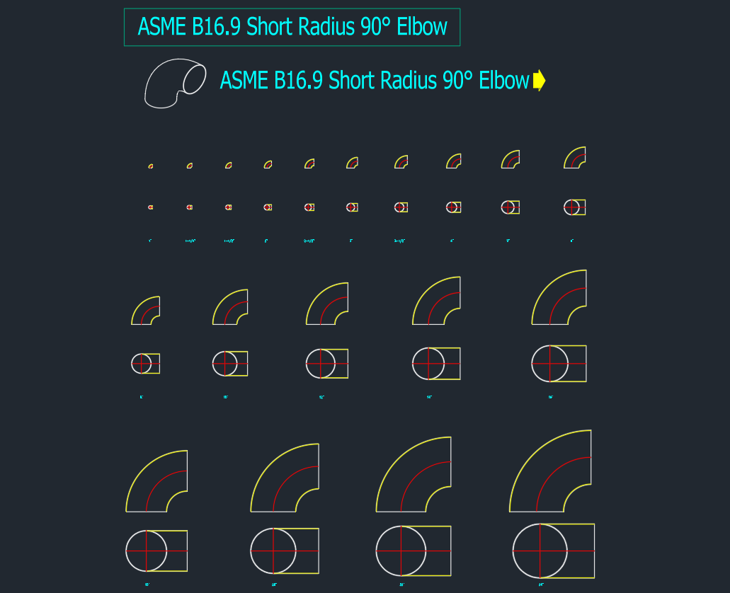 ASME B16.9 Short Radius 90 Elbow CAD Drawing Download