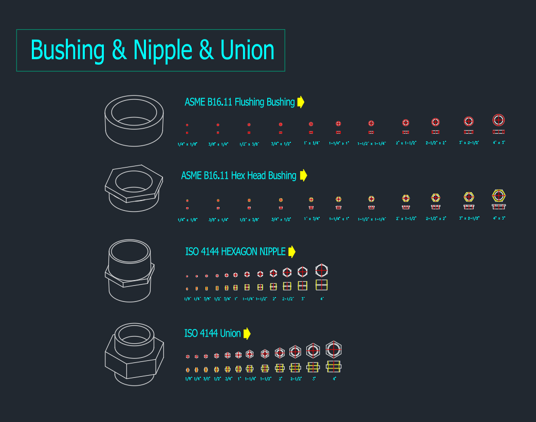 Bushing, Nipple, Union CAD Block | AutoCAD Drawing