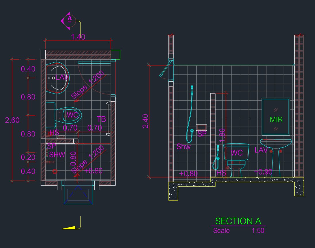 Small Bathroom Layout 2.6×1.4m | Modern Space Plan
