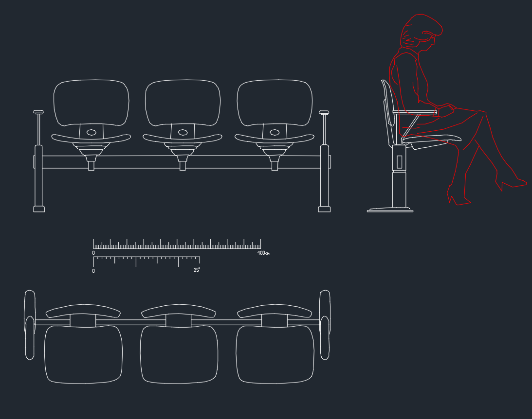 Waiting Chair CAD Block | AutoCAD Drawing for Seating Design