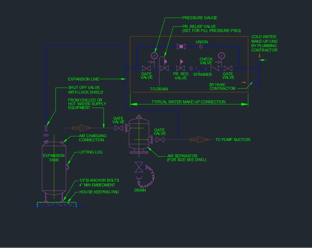 Expansion Tank and Air Separator Piping Diagram AutoCAD Drawing