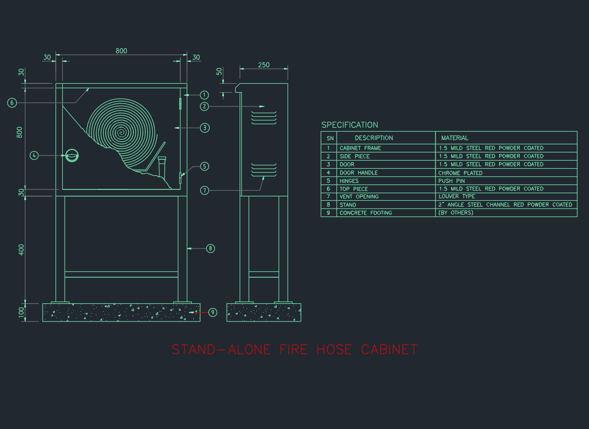 Stand Alone Fire Hose Cabinet AutoCAD Drawing