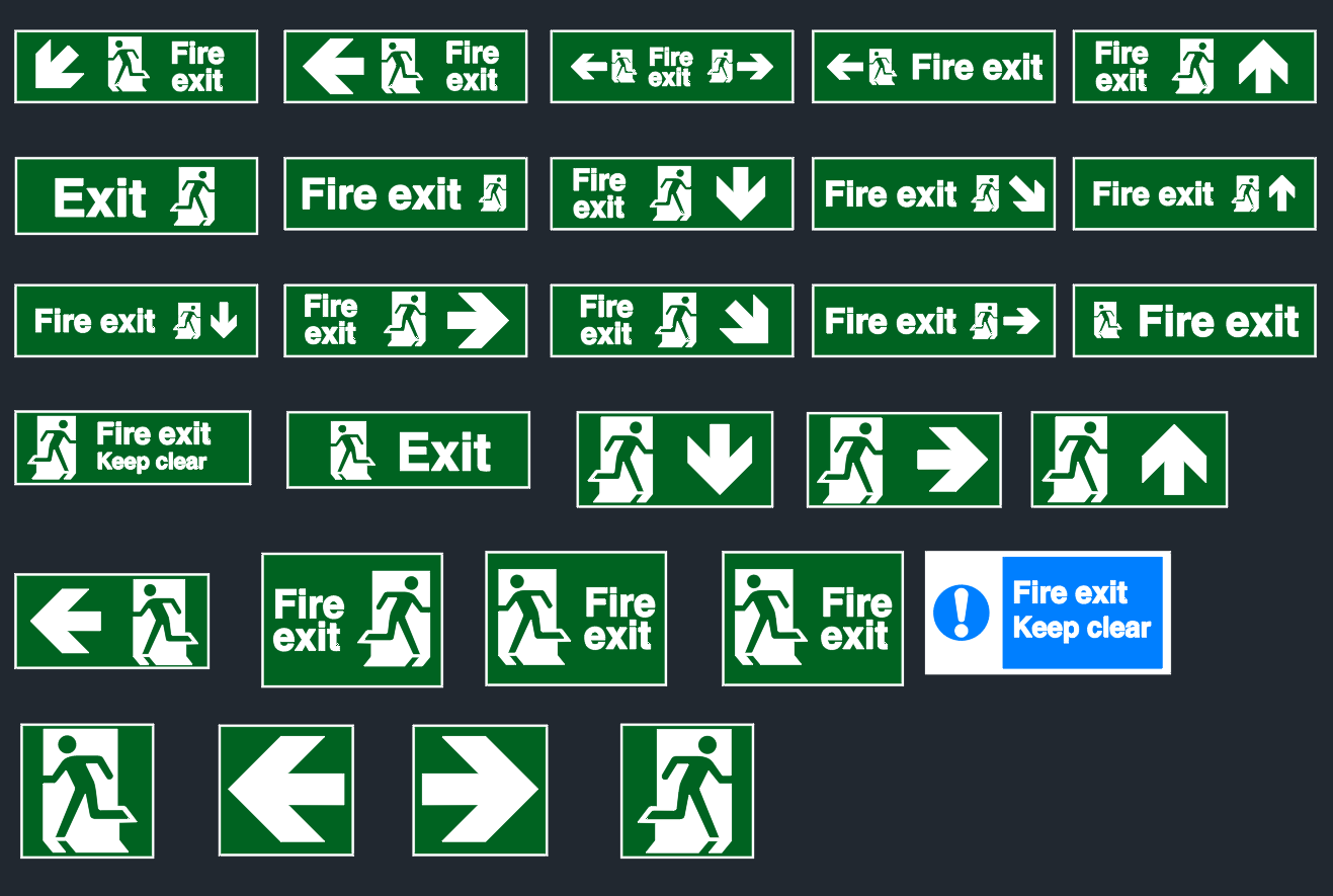 Fire Exit Sign CAD Blocks | Free DWG Emergency Symbols