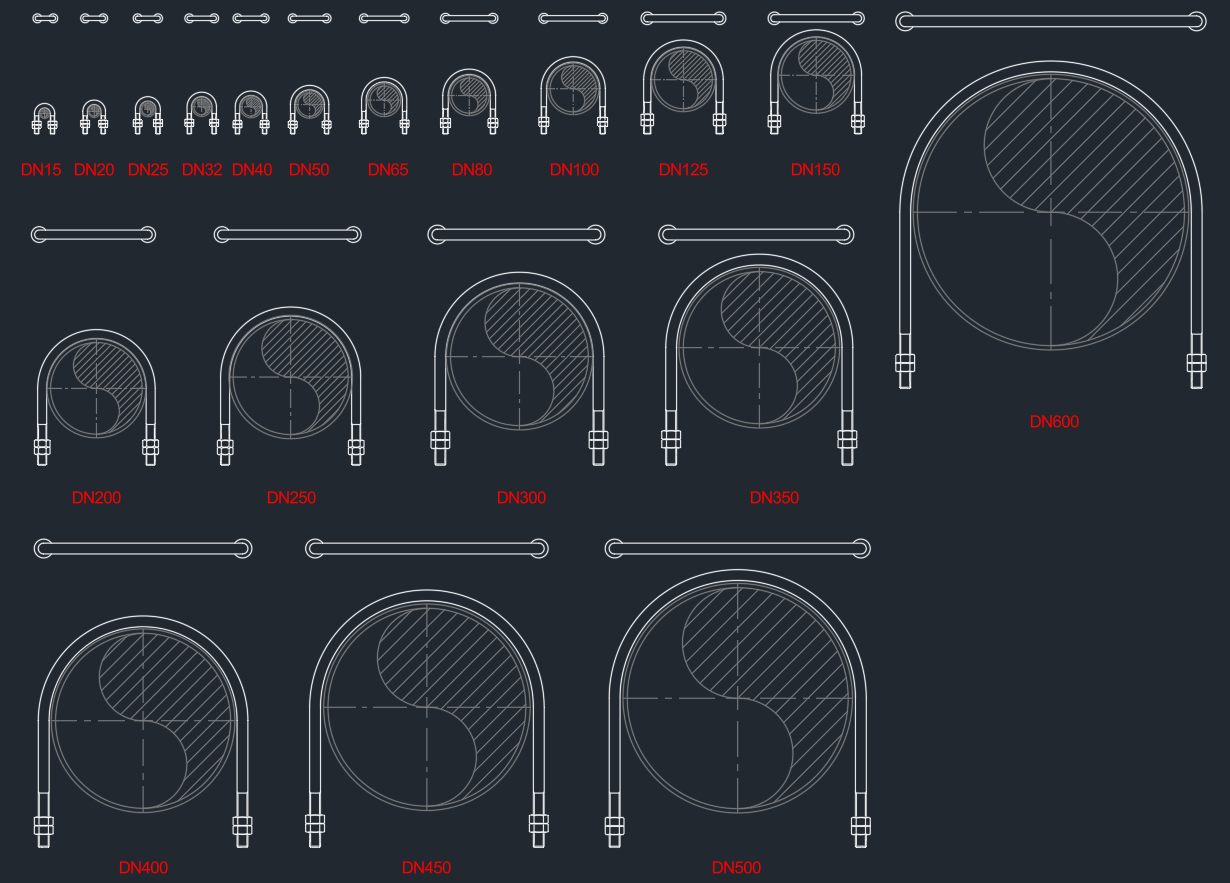 U-Bolts for Pipe DN15–DN600 | AutoCAD DWG Supports Library